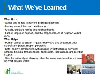 What We’ve Learned What Hurts Stress and its role in harming brain development Inadequate nutrition and health support Unsafe, unstable homes and neighborhoods Lack of language support, and the preponderance of negative verbal cues What Helps Human capital strategies – quality early care and education, good schools and parent support programs Safe, healthy communities with a strong infrastructure of services: schools, housing, transportation, health care, food access, and nutrition support Cost-benefit analysis showing return for social investment so we focus on what actually works 