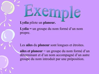 Exemple Lydia  pilote un  planeur. Lydia =  un groupe du nom formé d’un nom propre. Les  ailes  du  planeur  sont longues et étroites. ailes et planeur  = un groupe du nom formé d’un déterminant et d’un nom accompagné d’un autre groupe du nom introduit par une préposition.   