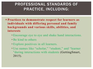  Practices to demonstrate respect for learners as
individuals with differing personal and family
backgrounds and various skills, abilities, and
interests
Encourage eye to eye and shake hand interactions.
Be kind to others
Explore positives in all learners.
Use names like “scholar,” “student,” and “learner
"during interactions with students (GettingSmart,
2015).
PROFESSIONAL STANDARDS OF
PRACTICE, INCLUDING:
 