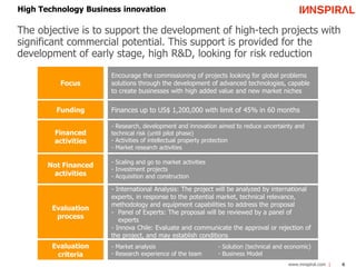 High Technology Business innovation 
The objective is to support the development of high-tech projects with 
significant commercial potential. This support is provided for the 
development of early stage, high R&D, looking for risk reduction 
Finances up to US$ 1,200,000 with limit of 45% in 60 months 
www.innspiral.com 6 
Focus 
Encourage the commissioning of projects looking for global problems 
solutions through the development of advanced technologies, capable 
to create businesses with high added value and new market niches 
Financed 
activities 
- Research, development and innovation aimed to reduce uncertainty and 
technical risk (until pilot phase) 
- Activities of intellectual property protection 
- Market research activities 
Not Financed 
activities 
- Scaling and go to market activities 
- Investment projects 
- Acquisition and construction 
Funding 
Evaluation 
process 
Evaluation 
criteria 
- International Analysis: The project will be analyzed by international 
experts, in response to the potential market, technical relevance, 
methodology and equipment capabilities to address the proposal 
- Panel of Experts: The proposal will be reviewed by a panel of 
experts 
- Innova Chile: Evaluate and communicate the approval or rejection of 
the project, and may establish conditions 
- Market analysis - Solution (technical and economic) 
- Research experience of the team - Business Model 
 
