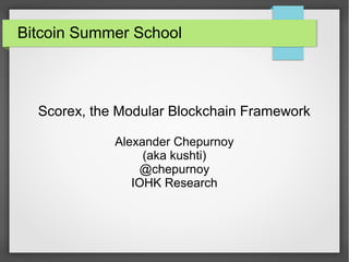 Bitcoin Summer School
Scorex, the Modular Blockchain Framework
Alexander Chepurnoy
(aka kushti)
@chepurnoy
IOHK Research
 