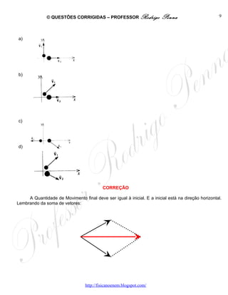 © QUESTÕES CORRIGIDAS – PROFESSOR Rodrigo                 Penna                       9




a)




b)




c)




d)




                                           CORREÇÃO

     A Quantidade de Movimento final deve ser igual à inicial. E a inicial está na direção horizontal.
Lembrando da soma de vetores:




                                  http://fisicanoenem.blogspot.com/
 