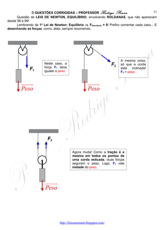 © QUESTÕES CORRIGIDAS – PROFESSOR Rodrigo Penna                                  11
      Questão de LEIS DE NEWTON, EQUILÍBRIO, envolvendo ROLDANAS, que não apareciam
desde 98 e 99!
      Lembrando da 1a Lei de Newton: Equilíbrio ⇒ FResultante = 0! Prefiro comentar cada caso... E
desenhando as forças, como, aliás, sempre recomendo.




                                                                          A mesma coisa,
                        Neste caso, a                                     só que a corda
                        força F1 deve                                     está    inclinada!
                        igualar o peso.                                   F2 = peso.


         uuuuu
             r                                        uuuuu
                                                          r
         Peso                                         Peso




                                           Agora muda! Como a tração é a
                                           mesma em todos os pontos de
                                           uma corda esticada, duas forças
                                           seguram o peso. Logo, F3 vale
                                           metade do peso.



                        uuuuu
                            r
                        Peso




                                  http://fisicanoenem.blogspot.com/
 