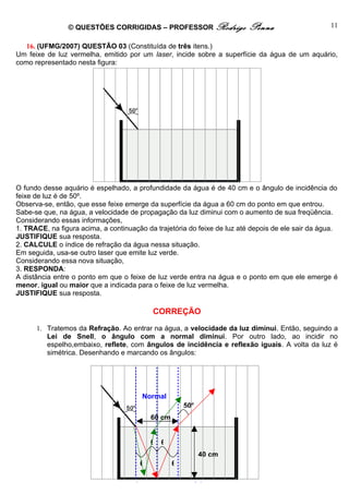 © QUESTÕES CORRIGIDAS – PROFESSOR Rodrigo                Penna                     11

   16. (UFMG/2007) QUESTÃO 03 (Constituída de três itens.)
Um feixe de luz vermelha, emitido por um laser, incide sobre a superfície da água de um aquário,
como representado nesta figura:




O fundo desse aquário é espelhado, a profundidade da água é de 40 cm e o ângulo de incidência do
feixe de luz é de 50º.
Observa-se, então, que esse feixe emerge da superfície da água a 60 cm do ponto em que entrou.
Sabe-se que, na água, a velocidade de propagação da luz diminui com o aumento de sua freqüência.
Considerando essas informações,
1. TRACE, na figura acima, a continuação da trajetória do feixe de luz até depois de ele sair da água.
JUSTIFIQUE sua resposta.
2. CALCULE o índice de refração da água nessa situação.
Em seguida, usa-se outro laser que emite luz verde.
Considerando essa nova situação,
3. RESPONDA:
A distância entre o ponto em que o feixe de luz verde entra na água e o ponto em que ele emerge é
menor, igual ou maior que a indicada para o feixe de luz vermelha.
JUSTIFIQUE sua resposta.

                                           CORREÇÃO

      1. Tratemos da Refração. Ao entrar na água, a velocidade da luz diminui. Então, seguindo a
         Lei de Snell, o ângulo com a normal diminui. Por outro lado, ao incidir no
         espelho,embaixo, reflete, com ângulos de incidência e reflexão iguais. A volta da luz é
         simétrica. Desenhando e marcando os ângulos:




                                        Normal
                                                       50o
                                           60 cm


                                           θ θ
                                                             40 cm
                                       θ           θ

                                   http://fisicanoenem.blogspot.com/
 