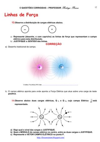 © QUESTÕES CORRIGIDAS – PROFESSOR Rodrigo                                                                                                                                                                                                                                                                                                                                                     Penna                                                                                 12



Linhas de Força
      13.Observe a distribuição de cargas elétricas abaixo.

                   --                                                                                                                                           +

     a) Represente (desenhe, e com capricho) as linhas de força que representam o campo
        elétrico para esta distribuição.
     b) JUSTIFIQUE o SENTIDO das linhas.
                                                                                                 CORREÇÃO
a) Desenho tradicional de campo.




                  Créditos: NovaFísica.NET, link   http://images.google.com.br/imgres?imgurl=http://www.novafisica.net/conteudo/images-cont/linha-forca.jpg&imgrefurl=http://www.novafisica.net/conteudo/cont-3-corrente2.htm&usg=__2igfQu8M5Ci6t-q3oQ4wy5Bbev4=&h=230&w=400&sz=17&hl=pt-BR&start=6&um=1&tbnid=uRhenxOxB7jyjM:&tbnh=71&tbnw=124&prev=/images%3Fq%3Dlinhas%2Bde%2Bfor%25C3%25A7a%26hl%3Dpt-BR%26client%3Dfirefox- a%26rls%3Dorg.mozilla:pt-BR:official%26sa%3DN%26um%3D1   .




b) O campo elétrico aponta para onde aponta a Força Elétrica que atua sobre uma carga de teste
   positiva.

                                                                                                                                                                                                                                                                                                                                                                                                                                                                                              →
      14. Observe abaixo duas cargas elétricas, Q                                                                                                                                                                                                                          e Q B, cujo campo Elétrico
                                                                                                                                                                                                                                                  A
                                                                                                                                                                                                                                                                                                                                                                                                                                                                                              E está
         representado.


                                                                                                                                                                                                                                                                                                                                    P




     a) Diga qual o sinal das cargas e JUSTIFIQUE.
     b) Qual o MÓDULO do campo elétrico no centro, entre as duas cargas e JUSTIFIQUE.
     c) Represente o VETOR CAMPO ELÉTRICO no ponto P.
                                 http://fisicanoenem.blogspot.com/
 