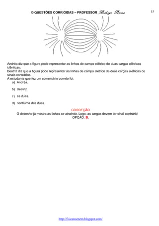 © QUESTÕES CORRIGIDAS – PROFESSOR Rodrigo                Penna                     15




Andréa diz que a figura pode representar as linhas de campo elétrico de duas cargas elétricas
idênticas;
Beatriz diz que a figura pode representar as linhas de campo elétrico de duas cargas elétricas de
sinais contrários.
A estudante que fez um comentário correto foi:
   a) Andréa.

   b) Beatriz.

   c) as duas.

   d) nenhuma das duas.

                                            CORREÇÃO
      O desenho já mostra as linhas se atraindo. Logo, as cargas devem ter sinal contrário!
                                             OPÇÃO: B.




                                    http://fisicanoenem.blogspot.com/
 