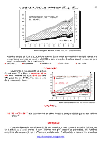 © QUESTÕES CORRIGIDAS – PROFESSOR Rodrigo                  Penna               25




   Observa-se que, de 1975 a 2005, houve aumento quase linear do consumo de energia elétrica. Se
   essa mesma tendência se mantiver até 2035, o setor energético brasileiro deverá preparar-se para
   suprir uma demanda total aproximada de
A 405 GWh.        B 445 GWh.         C 680 GWh.         D 750 GWh.           E 775 GWh.

                                           CORREÇÃO
        Novamente, a resposta está no gráfico.
Em 30 anos, 75 a 2005, o aumento foi de
305. Mais 30 anos, até 2035, mais 305 com
375 que já tem dão 680 ! Afinal, como o texto
diz, é um aumento linear...
                                                        ∆E = 375-70 = 305




                                            OPÇÃO: C.


   40.(DL – C5 – H17) Em qual unidade a CEMIG registra a energia elétrica que ela nos vende?
      Por quê?


                                                 CORREÇÃO

       O padrão de energia na Física é o Joule. Em alimentos, o mais comum é encontrar Calorias, ou
kilo-Calorias. A CEMIG prefere o kWh, kiloWatt-hora, por questão de praticidade. Os números
envolvidos são menores, já que o kWh é uma unidade maior. E, além disto, a potência dos aparelhos

                                   http://fisicanoenem.blogspot.com/
 