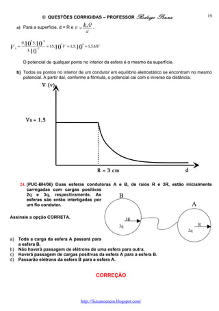© QUESTÕES CORRIGIDAS – PROFESSOR Rodrigo                Penna               19

         a) Para a superfície, d = R e V =       k   0
                                                         Q
                                                             .
                                                     d

                 9        −6
             9.10 5.10                5         6
V    S
         =
               3.10
                     −2
                               = 15.10 V = 1,5.10 = 1,5MV


             O potencial de qualquer ponto no interior da esfera é o mesmo da superfície.

         b) Todos os pontos no interior de um condutor em equilíbrio eletrostático se encontram no mesmo
            potencial. A partir daí, conforme a fórmula, o potencial cai com o inverso da distância.
                          V (v)




              Vs = 1,5
              MV




                                                                 R = 3 cm                   d
                                                                                            (cm)
          24. (PUC-BH/06) Duas esferas condutoras A e B, de raios R e 3R, estão inicialmente
              carregadas com cargas positivas
              2q e 3q, respectivamente. As          B
              esferas são então interligadas por
              um fio condutor.                                                     A
Assinale a opção CORRETA.                                                    3R
                                                                        3q                         R
                                                                                            2q
a)       Toda a carga da esfera A passará para
         a esfera B.
b)       Não haverá passagem de elétrons de uma esfera para outra.
c)       Haverá passagem de cargas positivas da esfera A para a esfera B.
d)       Passarão elétrons da esfera B para a esfera A.


                                                                 CORREÇÃO



                                               http://fisicanoenem.blogspot.com/
 