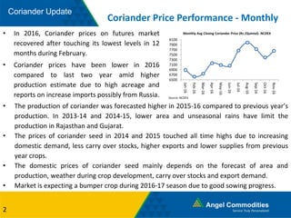 Coriander Update
Coriander Price Performance - Monthly
• In 2016, Coriander prices on futures market
recovered after touching its lowest levels in 12
months during February.
• Coriander prices have been lower in 2016
compared to last two year amid higher
production estimate due to high acreage and
reports on increase imports possibly from Russia.
2
• The production of coriander was forecasted higher in 2015-16 compared to previous year’s
production. In 2013-14 and 2014-15, lower area and unseasonal rains have limit the
production in Rajasthan and Gujarat.
• The prices of coriander seed in 2014 and 2015 touched all time highs due to increasing
domestic demand, less carry over stocks, higher exports and lower supplies from previous
year crops.
• The domestic prices of coriander seed mainly depends on the forecast of area and
production, weather during crop development, carry over stocks and export demand.
• Market is expecting a bumper crop during 2016-17 season due to good sowing progress.
6500
6700
6900
7100
7300
7500
7700
7900
8100
Jan-16
Feb-16
Mar-16
Apr-16
May-16
Jun-16
Jul-16
Aug-16
Sep-16
Oct-16
Nov-16
Source: NCDEX
Monthly Avg Closing Coriander Price (Rs /Quintal)- NCDEX
 