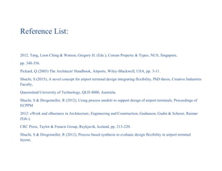 Reference List:
2012, Tang, Loon Ching & Watson, Gregory H. (Eds.), Corean Property & Types, NUS, Singapore,
pp. 348-356.
Pickard, Q (2005) The Architects' Handbook, Airports, Wiley-Blackwell, USA, pp. 3-11.
Shuchi, S (2015), A novel concept for airport terminal design integrating flexibility, PhD thesis, Creative Industries
Faculty,
Queensland University of Technology, QLD 4000, Australia.
Shuchi, S & Drogemuller, R (2012), Using process models to support design of airport terminals, Proceedings of
ECPPM
2012: eWork and eBusiness in Architecture, Engineering and Construction, Gudnason, Gudni & Scherer, Raimar
(Eds.),
CRC Press, Taylor & Francis Group, Reykjavik, Iceland, pp. 213-220.
Shuchi, S & Drogemuller, R (2012), Process based synthesis to evaluate design flexibility in airport terminal
layout,
 