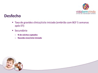 Desfecho
 Taxa de gravidez clínica/ciclo iniciado (embrião com BCF 5 semanas
após ET)
 Secundário
– N de oócitos captados
– Nascido-vivo/ciclo iniciado
 