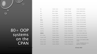 80+ OOP
systems
on the
CPAN
Mo
Mu
Mic
Moo
Mew
Dios
Moose
Moops
Moxie
reform
Spiffy
Zydeco
HO::Class
Class::LOP
Evo::Class
Class::Dot
Class::Ref
Class::Std
Mojo::Base
Eixo::Base
Class::Root
Class::Easy
Class::Core
Class::Base
Class::Lite
Class::Lego
Class::GAPI
Class::Slot
Class::Tiny
Class::Gomor
Class::Field
Rose::Object
Class::Maker
Class::HPLOO
Class::Frame
Class::Class
Class::Simple
Class::Attrib
Class::Closure
Class::Methods
Class::Builder
Class::Declare
Class::Accessor
Class::Contract
Class::Generate
Class::InsideOut
Acme::Class::Std
Class::Anonymous
Class::Classless
Class::Std::Fast
Class::Framework
Class::Autoclass
Class::Methodist
Bubblegum::Class
Object::LocalVars
Object::InsideOut
Class::AutoAccess
Class::Prototyped
Class::Structured
Class::NamedParms
Class::Constructor
AI::FreeHAL::Class
Class::BuildMethods
Lexical::Attributes
Class::AccessorMaker
Class::IntrospectionMe
thods
Class::MakeMethods::Te
mplate::InsideOut
30 mars 2022
Copyright 2022, http://www.allaroundtheworld.fr/
 