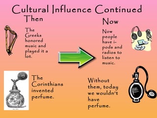 Cultural Influence Continued Then The Greeks honored music and played it a lot. Now Now people have i-pods and radios to listen to music. The Corinthians invented perfume. Without them, today we wouldn’t have perfume.