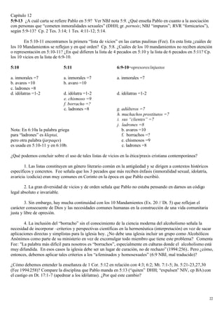 Capítulo 12
5:9-13 ¿A cuál carta se refiere Pablo en 5:9? Ver NBJ nota 5:9. ¿Qué enseña Pablo en cuanto a la asociación
con personas que “cometen inmoralidades sexuales” (DHH; gr. pornois; NBJ “impuros”; RVR “fornicarios”),
según 5:9-13? Cp. 2 Tes. 3:14; 1 Tes. 4:11-12; 5:14.

        En 5:10-11 encontramos la primera “lista de vicios” en las cartas paulinas (Fee). En esta lista ¿cuáles de
los 10 Mandamientos se reflejan y en qué orden? Cp. 5:8. ¿Cuáles de los 10 mandamientos no reciben atención
o representación en 5:10-11? ¿En qué difieren la lista de 4 pecados en 5:10 y la lista de 6 pecados en 5:11? Cp.
los 10 vicios en la lista de 6:9-10.

5:10                          5:11                          6:9-10=opresores/injustos

a. inmorales =7               a. inmorales =7               a. inmorales =7
b. avaros =10                 b. avaro =10
c. ladrones =8
d. idólatras =1-2             d. idólatra =1-2              d. idólatras =1-2
                              e. chismoso =9
                              f. borracho =?
                              c. ladrones =8                g. adúlteros =7
                                                            h. muchachos prostitutos =7
                                                            i. sus “clientes” =7
                                                            j. ladrones =8
Nota: En 6:10a la palabra griega                               b. avaros =10
para “ladrones” es kleptai,                                    f. borrachos =?
pero otra palabra (jarpaqes)                                   e. chismosos =9
es usada en 5:10-11 y en 6:10b.                                c. ladrones =8

¿Qué podemos concluir sobre el uso de tales listas de vicios en la ética/praxis cristiana contemporánea?

        1. Las listas constituyen un género literario común en la antigüedad y se dirigen a contextos históricos
específicos y concretos. Fee señala que los 3 pecados que más reciben énfasis (inmoralidad sexual, idolatría,
avaricia /codicia) eran muy comunes en Corinto en la época en que Pablo escribió.

        2. La gran diversidad de vicios y de orden señala que Pablo no estaba pensando en darnos un código
legal absoluto e invariable.

        3. Sin embargo, hay mucha continuidad con los 10 Mandamientos (Ex. 20 // Dt. 5) que reflejan el
carácter consecuente de Dios y las necesidades comunes humanas en la construcción de una vida comunitaria
justa y libre de opresión.

       4. La inclusión del “borracho” sin el conocimiento de la ciencia moderna del alcoholismo señala la
necesidad de incorporar –criterios y perspectivas científicas en la hermenéutica (interpretación) en vez de sacar
aplicaciones directas y simplistas para la iglesia hoy. ¿No debe una iglesia incluir un grupo como Alcohólicos
Anónimos como parte de su ministerio en vez de excomulgar todo miembro que tiene este problema? Comenta
Fee: "La palabra más difícil para nosotros es “borrachos”, especialmente en culturas donde el alcoholismo está
muy difundida. En esos casos la iglesia debe ser un lugar de curación, no de rechazo” (1994:256).. Pero ¿cómo,
entonces, debemos aplicar tales criterios a los “a feminados y homosexuales” (6:9 NBJ, mal traducido)?

¿Cómo debemos entender la enseñanza de 1 Cor. 5:12 en relación con 4:3; 6:2; Mt. 7:1-5; Jn. 5:21-23,27,30
(Fee 1994:258)? Compare la disciplina que Pablo manda en 5:13 (“quiten” DHH; “expulsen” NIV, cp BA) con
el castigo en Dt. 17:1-7 (apedrear a los idólatras). ¿Por qué este cambio?




                                                                                                                   22
 
