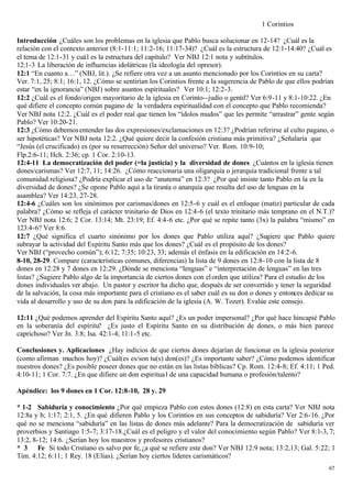 1 Corintios

Introducción ¿Cuáles son los problemas en la iglesia que Pablo busca solucionar en 12-14? ¿Cuál es la
relación con el contexto anterior (8:1-11:1; 11:2-16; 11:17-34)? ¿Cuál es la estructura de 12:1-14:40? ¿Cuál es
el tema de 12:1-31 y cuá l es la estructura del capítulo? Ver NBJ 12:1 nota y subtítulos.
12:1-3 La liberación de influencias idolátricas (la ideología del opresor).
12:1 “En cuanto a…” (NBJ, lit.). ¿Se refiere otra vez a un asunto mencionado por los Corintios en su carta?
Ver. 7:1, 25; 8:1; 16:1, 12. ¿Cómo se sentirían los Corintios frente a la sugerencia de Pablo de que ellos podrían
estar “en la ignorancia” (NBJ) sobre asuntos espirituales? Ver 10:1; 12:2-3.
12:2 ¿Cuál es el fondo/origen mayoritario de la iglesia en Corinto--judío o gentil? Ver 6:9-11 y 8:1-10:22. ¿En
qué difiere el concepto común pagano de la verdadera espiritualidad con el concepto que Pablo recomienda?
Ver NBJ nota 12:2. ¿Cuál es el poder real que tienen los “ídolos mudos” que les permite “arrastrar” gente según
Pablo? Ver 10:20-21.
12:3 ¿Cómo debemos entender las dos expresiones/exclamaciones en 12:3? ¿Podrían referirse al culto pagano, o
ser hipotéticas? Ver NBJ nota 12:2. ¿Qué quiere decir la confesión cristiana más primitiva? ¿Señalaría que
“Jesús (el crucificado) es (por su resurrección) Señor del universo? Ver. Rom. 10:9-10;
Flp.2:6-11; Hch. 2:36; cp. 1 Cor. 2:10-13.
12:4-11 La democratización del poder (=la justicia) y la diversidad de dones ¿Cuántos en la iglesia tienen
dones/carismas? Ver 12:7, 11; 14:26. ¿Cómo reaccionaria una oligarquía o jerarquía tradicional frente a tal
comunidad religiosa? ¿Podría explicar el uso de “anatema” en 12:3? ¿Por qué insiste tanto Pablo en la en la
diversidad de dones? ¿Se opone Pablo aquí a la tiranía o anarquía que resulta del uso de lenguas en la
asamblea? Ver 14:23, 27-28.
12:4-6 ¿Cuáles son los sinónimos por carismas/dones en 12:5-6 y cuál es el enfoque (matiz) particular de cada
palabra? ¿Cómo se refleja el carácter trinitario de Dios en 12:4-6 (el texto trinitario más temprano en el N.T.)?
Ver NBJ nota 12:6; 2 Cor. 13:14; Mt. 23:19; Ef. 4:4-6 etc. ¿Por qué se repite tanto (3x) la palabra “mismo” en
123:4-6? Ver 8:6.
12:7 ¿Qué significa el cuarto sinónimo por los dones que Pablo utiliza aquí? ¿Sugiere que Pablo quiere
subrayar la actividad del Espíritu Santo más que los dones? ¿Cuál es el propósito de los dones?
Ver NBJ (“provecho común”); 6:12; 7:35; 10:23, 33; además el énfasis en la edificación en 14:2-6.
8-10, 28-29. Compare (características comunes, diferencias) la lista de 9 dones en 12:8-10 con la lista de 8
dones en 12:28 y 7 dones en 12:29. ¿Dónde se menciona “lenguas” e “interpretación de lenguas” en las tres
listas? ¿Sugiere Pablo algo de la importancia de ciertos dones con el orden que utiliza? Para el estudio de los
dones individuales ver abajo. Un pastor y escritor ha dicho que, después de ser convertido y tener la seguridad
de la salvación, la cosa más importante para el cristiano es el saber cuál es su don o dones y entonces dedicar su
vida al desarrollo y uso de su don para la edificación de la iglesia (A. W. Tozer). Evalúe este consejo.

12:11 ¿Qué podemos aprender del Espíritu Santo aquí? ¿Es un poder impersonal? ¿Por qué hace hincapié Pablo
en la soberanía del espíritu? ¿Es justo el Espíritu Santo en su distribución de dones, o más bien parece
caprichoso? Ver Jn. 3:8; Isa. 42:1-4; 11:1-5 etc.

Conclusiones y. Aplicaciones ¿Hay indicios de que ciertos dones dejarían de funcionar en la iglesia posterior
(como afirman muchos hoy)? ¿Cuál(es es/son tu(s) don(es)? ¿Es importante saber? ¿Cómo podemos identificar
nuestros dones? ¿Es posible poseer dones que no están en las listas bíblicas? Cp. Rom. 12:4-8; Ef. 4:11; 1 Ped.
4:10-11; 1 Cor. 7:7. ¿En que difiere un don espiritua l de una capacidad humana o profesión/talento?

Apéndice: los 9 dones en 1 Cor. 12:8-10, 28 y. 29

* 1-2 Sabiduría y conocimiento ¿Por qué empieza Pablo con estos dones (12:8) en esta carta? Ver NBJ nota
12:8a y b; 1:17; 2:1, 5. ¿En qué difieren Pablo y los Corintios en sus conceptos de sabiduría? Ver 2:6-16. ¿Por
qué no se menciona “sabiduría” en las listas de dones más adelante? Para la democratización de sabiduría ver
proverbios y Santiago 1:5-7; 3:17-18.¿Cuál es el peligro y el valor del conocimiento según Pablo? Ver 8:1-3, 7;
13:2, 8-12; 14:6. ¿Serían hoy los maestros y profesores cristianos?
* 3 Fe Si todo Cristiano es salvo por fe, ¿a qué se refiere este don? Ver NBJ 12:9 nota; 13:2,13; Gal. 5:22; 1
Tim. 4:12; 6:11; 1 Rey. 18 (Elías). ¿Serían hoy ciertos lideres carismáticos?
                                                                                                               67
 
