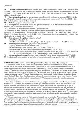 Capítulo 12

*4      Carismas de curaciones (NBJ lit.; también RVR “dones de sanidades” contra DHH “el don de curar
enfermos”). ¿Sugiere Pablo que cada curación viene de Dios y que nadie tiene un “don (permanente) de curar
enfermos”? Ver 2 Cor. 12:12; Mt. 8:17; Is. 53:4; 1 Ped. 2:24 y los milagros de Jesús. ¿Serian hoy los
médicos y las enfermeras?
*5      Operaciones de poderes (gr. ‘energemata) <como 2x en 12:6> y dunameis <como en 12:28-29>). ¿En
qué difiere de los dones de curaciones? ¿Se podría referir mayormente a exorcismos? Ver 2 Cor. 12:12; 1 Cor.
12:3; Ef. 6 etc. ¿Seria hoy un sicólogo cristiano?
*6      Profecía ¿A qué se refiere este don?
  a. ¿a la interpretación inspirada del pasado (los “profetas anteriores” de la Biblia Hebrea <Josué hasta
Reyes>)? ¿los historiadores cristianos hoy?
  b. ¿a la denuncia de la opresión en el presente? ¿predicadores hoy?
  c. ¿al anuncio de cosas venideras, es decir el juicio de los opresores e idólatras y la liberación de los
oprimidos? ¿los sociólogos hoy? ¿Quiénes pueden ser profetas? Ver 1 Cor. 11:4-5; Joel 2:28-31; Hch. 2:17-18;
1 Tes. 5:19-22; Rom. 12:6; 1 Cor. 14:1-5, 23-24, 29-33. ¿Funciona este don en la iglesia de hoy? ¿Cómo? Para
más detalles ver el estudio sobre 1 Cor. 14.
*7      Discernimiento de espíritus ¿A qué se refiere?
        a. Ver 14:29; 1 Tes. 5:20-21.
        b. Ver NBJ nota 12:10a con 1 Jn. 4:1. ¿Porqué habla de espíritus en plural?          Ver 1 Cor. 14:32.
*8      Diversos géneros de lenguas (gr. glosson; esp. glosolalia).
        ¿A qué se refiere este don? Ver BJ nota 12:8b.
        ¿De dónde viene y a quien se dirige? Ver 12:7, 11; 14:2, 14-15, 28.
        ¿Indica un estado de éxtasis donde uno pierde el control racional? Ver 14:27-28.
        ¿Se refiere a un idioma humano inteligible, o angélico y no inteligible? Ver 13:1; 14:14, 16 y la analogía
                en 14:10-12; también Hch. 2:5-11. Para más detalles ver el estudio de 1 Cor. 14.
*9      Interpretación de lenguas ¿Se refiere a una “traducción” de un idioma humano conocido? Ver Hch.
2:5-11. ¿Quién da la interpretación--el que habla en lenguas u otro en la congregación? Ver 14:5, 13, 27-28.


12:12-31ª El símil del cuerpo (contra el desprecio de los pobres y el monopolio de lenguas)
    12
       Así como el cuerpo es uno, y tiene muchos miembros, pero todos los miembros del cuerpo, siendo
muchos, son un solo cuerpo, así también Cristo, 13 porque por un solo Espíritu fuimos todos bautizados en un
cuerpo, tanto judíos como griegos, tanto esclavos como libres; y a todos se nos dio a beber de un mismo
Espíritu. 14 Ahora bien, el cuerpo no es un solo miembro, sino muchos. 15 Si dijera el pie: «Como no soy mano,
no soy del cuerpo», ¿por eso no sería del cuerpo? 16 Y si dijera la oreja: «Porque no soy ojo, no soy del cuerpo»,
¿por eso no sería del cuerpo? 17 Si todo el cuerpo fuera ojo, ¿dónde estaría el oído? Si todo fuera oído, ¿dónde
estaría el olfato? 18 Pero ahora Dios ha colocado cada uno de los miembros en el cuerpo como él quiso, 19 pues si
todos fueran un solo miembro, ¿dónde estaría el cuerpo? 20 Pero ahora son muchos los miembros, aunque el
cuerpo es uno solo.
    21
      Ni el ojo puede decir a la mano: «No te necesito», ni tampoco la cabeza a los pies: «No tengo necesidad
de ustedes». 22 Al contrario, los miembros del cuerpo que parecen más débiles, son los más necesarios; 23 y a
aquellos miembros del cuerpo que nos parecen menos dignos, los vestimos más dignamente; y los que en
nosotros son menos decorosos, se tratan con más decoro, 24 porque los que en nosotros son más decorosos no
tienen necesidad. Pero Dios ordenó el cuerpo dando más abundante honor al que menos tenía, 25 para que no
haya divisiones en el cuerpo, sino que todos los miembros se preocupen los unos por los otros. 26 De manera que
si un miembro padece, todos los miembros se duelen con él, y si un miembro recibe honra, todos los miembros
con él se gozan.
    27
       Ustedes, pues, son el cuerpo de Cristo y miembros cada uno en particular. 28 Y a unos puso Dios en la
iglesia, primeramente apóstoles, luego profetas, lo tercero maestros, luego los que hacen milagros, después los
que sanan, los que ayudan, los que administran, los que tienen don de lenguas. 29 ¿Son todos apóstoles? ¿Son
todos profetas? ¿Son todos maestros? ¿Hacen todos milagros? 30 ¿Tienen todos dones de sanidad? ¿Hablan todos
lenguas? ¿Interpretan todos? 31 Desean celosamente, entonces, los dones mejores.

                                                                                                                68
 