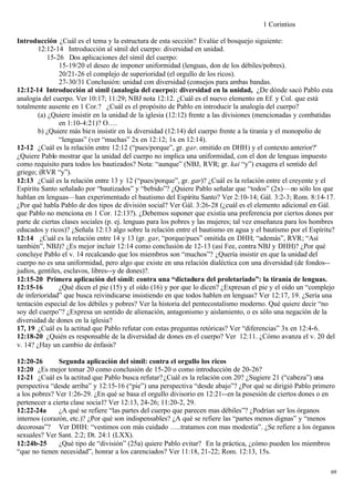 1 Corintios

Introducción ¿Cuál es el tema y la estructura de esta sección? Evalúe el bosquejo siguiente:
        12:12-14 Introducción al símil del cuerpo: diversidad en unidad.
            15-26 Dos aplicaciones del símil del cuerpo:
                15-19/20 el deseo de imponer uniformidad (lenguas, don de los débiles/pobres).
                20/21-26 el complejo de superioridad (el orgullo de los ricos).
                27-30/31 Conclusión: unidad con diversidad (consejos para ambas bandas.
12:12-14 Introducción al símil (analogía del cuerpo): diversidad en la unidad, ¿De dónde sacó Pablo esta
analogía del cuerpo. Ver 10:17; 11:29; NBJ nota 12:12. ¿Cuál es el nuevo elemento en Ef. y Col. que está
totalmente ausente en 1 Cor.? ¿Cuál es el propósito de Pablo en introducir la analogía del cuerpo?
        (a) ¿Quiere insistir en la unidad de la iglesia (12:12) frente a las divisiones (mencionadas y combatidas
                en 1:10-4:21)? O….
        b) ¿Quiere más bie n insistir en la diversidad (12:14) del cuerpo frente a la tiranía y el monopolio de
                “lenguas” (ver “muchas” 2x en 12:12; 1x en 12:14).
12-12 ¿Cuál es la relación entre 12:12 (“pues/porque”, gr. gar. omitido en DHH) y el contexto anterior?'
¿Quiere Pablo mostrar que la unidad del cuerpo no implica una uniformidad, con el don de lenguas impuesto
como requisito para todos los bautizados? Nota: “aunque” (NBJ, RVR; gr. kai “y”) exagera el sentido del
griego; (RVR “y”).
12:13 ¿Cuál es la relación entre 13 y 12 (“pues/porque”, gr. gar)? ¿Cuál es la relación entre el creyente y el
Espíritu Santo señalado por “bautizados” y “bebido”? ¿Quiere Pablo señalar que “todos” (2x)—no sólo los que
hablan en lenguas—han experimentado el bautismo del Espíritu Santo? Ver 2:10-14; Gál. 3:2-3; Rom. 8:14-17.
¿Por qué habla Pablo de dos tipos de división social? Ver Gál. 3:26-28 (¿cuál es el elemento adicional en Gál.
que Pablo no menciona en 1 Cor. 12:13?). ¿Debemos suponer que existía una preferencia por ciertos dones por
parte de ciertas clases sociales (p. ej. lenguas para los pobres y las mujeres; tal vez enseñanza para los hombres
educados y ricos)? ¿Señala 12:13 algo sobre la relación entre el bautismo en agua y el bautismo por el Espíritu?
12:14 ¿Cuál es la relación entre 14 y 13 (gr. gar, “porque/pues” omitida en DHH; “además”, RVR; “Así
también”, NBJ)? ¿Es mejor incluir 12:14 como conclusión de 12-13 (así Fee, contra NBJ y DHH)? ¿Por qué
concluye Pablo el v. 14 recalcando que los miembros son “muchos”? ¿Quería insistir en que la unidad del
cuerpo no es una uniformidad, pero algo que existe en una relación dialéctica con una diversidad (de fondos--
judíos, gentiles, esclavos, libres--y de dones)?.
12:15-20 Primera aplicación del símil: contra una “dictadura del proletariado”: la tiranía de lenguas.
12:15-16        ¿Qué dicen el pie (15) y el oído (16) y por que lo dicen? ¿Expresan el pie y el oído un “complejo
de inferioridad” que busca reivindicarse insistiendo en que todos hablen en lenguas? Ver 12:17, 19. ¿Sería una
tentación especial de los débiles y pobres? Ver la historia del pentecostalismo moderno. Qué quiere decir “no
soy del cuerpo”? ¿Expresa un sentido de alienación, antagonismo y aislamiento, o es sólo una negación de la
diversidad de dones en la iglesia?
17, 19 ¿Cuál es la actitud que Pablo refutar con estas preguntas retóricas? Ver “diferencias” 3x en 12:4-6.
12:18-20 ¿Quién es responsable de la diversidad de dones en el cuerpo? Ver 12:11. ¿Cómo avanza el v. 20 del
v. 14? ¿Hay un cambio de énfasis?

12:20-26       Segunda aplicación del símil: contra el orgullo los ricos
12:20 ¿Es mejor tomar 20 como conclusión de 15-20 o como introducción de 20-26?
12-21 ¿Cuál es la actitud que Pablo busca refutar? ¿Cuál es la relación con 20? ¿Sugiere 21 (“cabeza”) una
perspectiva “desde arriba” y 12:15-16 (“pie”) una perspectiva “desde abajo”? ¿Por qué se dirigió Pablo primero
a los pobres? Ver 1:26-29. ¿En qué se basa el orgullo divisorio en 12:21--en la posesión de ciertos dones o en
pertenecer a cierta clase socia l? Ver 12:13, 24-26; 11:20-2, 29.
12:22-24a      ¿A qué se refiere “las partes del cuerpo que parecen mas débiles”? ¿Podrían ser los órganos
internos (corazón, etc.)? ¿Por qué son indispensables? ¿A qué se refiere las “partes menos dignas” y “menos
decorosas”? Ver DHH: “vestimos con más cuidado …..tratamos con mas modestia”. ¿Se refiere a los órganos
sexuales? Ver Sant. 2:2; Dt. 24:1 (LXX).
12:24b-25      ¿Qué tipo de “división” (25a) quiere Pablo evitar? En la práctica, ¿cómo pueden los miembros
“que no tienen necesidad”, honrar a los carenciados? Ver 11:18, 21-22; Rom. 12:13, 15s.

                                                                                                                69
 