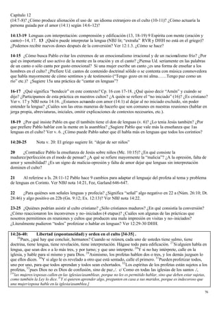 Capítulo 12
(14:7-8)? ¿Cómo produce alienación el uso de un idioma extranjero en el culto (10-11)? ¿Cómo actuaría la
persona guiada por el amor (14:1) según 14:6-12)?

14:13-19 Lenguas con interpretación: comprensión y edificación (13, 18-19) 9 Espíritu con mente (oración y
canto)--14, 17. 13 ¿Quién puede interpretar la lengua (NBJ lit; “extraña” RVR y DHH no está en el griego)?
¿Podemos recibir nuevos dones después de la conversión? Ver 12:1.3. ¿Cómo se hace?

14-15 ¿Cómo busca Pablo evitar los extremos de un emocionalismo irracional y de un racionalismo frío? ¿Por
qué es importante el uso activo de la mente en la oración y en el canto? ¿Piensa Ud. seriamente en las palabras
de un canto o sólo canta por gusto emocional? Si una mujer escribe un canto ¿es una forma de enseñar a los
hombres en el culto? ¿Prefiere Ud. cantos de contenido doctrinal sólido o se contenta con música conmovedora
que habla mayormente de cómo sentimos y de testimonio (“Tengo gozo en mi alma……Tengo paz como un
río” etc.)? ¿Sugiere 15a una práctica de “cantar en lenguas”?

16-17 ¿Qué significa “bendecir” en este contexto? Cp. 16 con 17-18. ¿Qué quiso decir “Amén” y cuándo se
dijo? ¿Participamos de esta práctica en nuestros cultos? ¿A quién se refiere el “no iniciado” (16)? ¿Es cristiano?
Ver v. 17 y NBJ nota 14:16. ¿Estamos actuando con amor (14:1) al dejar al no iniciado excluido, sin poder
entender la lengua? ¿Cuáles son las otras maneras de hacerlo que son comunes en nuestras reuniones (hablar en
jerga propia, abreviaturas, iniciales, omitir explicaciones de contextos necesarios, etc.).

18-19 ¿Por qué insiste Pablo en que él también tiene el don de lenguas (v. 6)? ¿Lo tenia Jesús también? ¿Por
que prefiere Pablo hablar con la mente en la asamblea? ¿Sugiere Pablo que vale más la enseñanza que 1as
lenguas en el culto? Ver v. 6. ¿Cómo puede Pablo saber que él habla más en lenguas que todos los corintios?

14:20-25       Nota v. 20: El griego sugiere lit. “dejar de ser niños”

20    ¿Contradice Pablo la enseñanza de Jesús sobre niños (Mc. 10:15)? ¿En qué consiste la
madurez/perfección en el modo de pensar? ¿A qué se refiere mayormente la “malicia”? ¿A la opresión, falta de
amor y sensibilidad? ¿Es un signo de malicia-opresión y falta de amor dejar que lenguas sin interpretación
dominen el culto?

21     Al referirse a Is. 28:11-12 Pablo hace 9 cambios para adaptar el lenguaje del profeta al tema y problema
de lenguas en Corinto. Ver NBJ nota 14:21, Fee, Garland 646-647.

22     ¿Para quiénes son señales lenguas y profecía? ¿Significa “señal” algo negativo en 22 a (Núm. 26:10; Dt.
28:46) y algo positivo en 22b (Gn. 9:12; Ex. 12:13)? Ver NBJ nota 14:22.

23-25 ¿Quiénes podrían asistir al culto cristiano? ¿Sólo cristianos maduros? ¿En qué consistía la conversión?
¿Cómo reaccionaron los inconversos y no- iniciados (4 etapas)? ¿Cuáles son algunas de las prácticas que
nosotros permitimos en reuniones y cultos que producen una mala impresión en visitas y no- iniciados?
¿Literalmente pudieron “todos” profetizar o hablar en lenguas? Ver 12:29-30 DHH.

14:26-40:       Libertad (espontaneidad) y orden en el culto [34-35] .
    26
       Pues, ¿qué hay que concluir, hermanos? Cuando se reúnen, cada uno de ustedes tiene salmo, tiene
doctrina, tiene lengua, tiene revelación, tiene interpretación. Hágase todo para edificación. 27 Si alguien habla en
lengua, que sean dos o a lo más tres, y por turno; y que uno interprete. 28 Y si no hay intérprete, calle en la
iglesia, y hable para sí mismo y para Dios. 29 Asimismo, los profetas hablen dos o tres, y los demás juzguen lo
que ellos dicen. 30 Y si algo le es revelado a otro que está sentado, calle el primero. 31 Pueden profetizar todos,
uno por uno, para que todos aprendan y todos sean exhortados. 32 Los espíritus de los profetas están sujetos a los
profetas, 33 pues Dios no es Dios de confusión, sino de paz ,/. c/ Como en todas las iglesias de los santos ./,
[34
  las mujeres/esposas callen en las iglesias/asambleas, porque no les es permitido hablar, sino que deben estar sujetas,
como también la Ley lo dice. 35 Y si quieren aprender algo, pregunten en casa a sus maridos, porque es indecoroso que
una mujer/esposa hable en la iglesia/asamblea.]
                                                                                                                       76
 