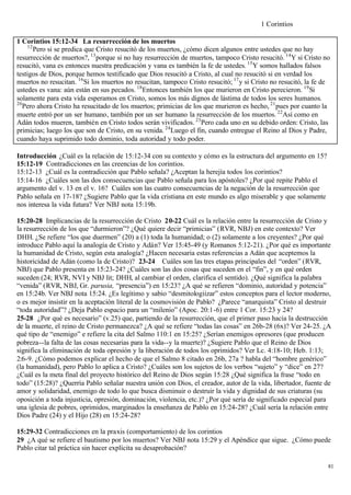 1 Corintios

1 Corintios 15:12-34 La resurrección de los muertos
     12
        Pero si se predica que Cristo resucitó de los muertos, ¿cómo dicen algunos entre ustedes que no hay
resurrección de muertos?, 13 porque si no hay resurrección de muertos, tampoco Cristo resucitó. 14 Y si Cristo no
resucitó, vana es entonces nuestra predicación y vana es también la fe de ustedes. 15 Y somos hallados falsos
testigos de Dios, porque hemos testificado que Dios resucitó a Cristo, al cual no resucitó si en verdad los
muertos no resucitan. 16 Si los muertos no resucitan, tampoco Cristo resucitó; 17 y si Cristo no resucitó, la fe de
ustedes es vana: aún están en sus pecados. 18 Entonces también los que murieron en Cristo perecieron. 19 Si
solamente para esta vida esperamos en Cristo, somos los más dignos de lástima de todos los seres humanos.
20
   Pero ahora Cristo ha resucitado de los muertos; primicias de los que murieron es hecho, 21 pues por cuanto la
muerte entró por un ser humano, también por un ser humano la resurrección de los muertos. 22 Así como en
Adán todos mueren, también en Cristo todos serán vivificados. 23 Pero cada uno en su debido orden: Cristo, las
primicias; luego los que son de Cristo, en su venida. 24 Luego el fin, cuando entregue el Reino al Dios y Padre,
cuando haya suprimido todo dominio, toda autoridad y todo poder.

Introducción ¿Cuál es la relación de 15:12-34 con su contexto y cómo es la estructura del argumento en 15?
15:12-19 Contradicciones en las creencias de los corintios.
15:12-13 ¿Cuál es la contradicción que Pablo señala? ¿Aceptan la herejía todos los corintios?
15:14-16 ¿Cuáles son las dos consecuencias que Pablo señala para los apóstoles? ¿Por qué repite Pablo el
argumento del v. 13 en el v. 16? Cuáles son las cuatro consecuencias de la negación de la resurrección que
Pablo señala en 17-18? ¿Sugiere Pablo que la vida cristiana en este mundo es algo miserable y que solamente
nos interesa la vida futura? Ver NBJ nota 15:19b.

15:20-28 Implicancias de la resurrección de Cristo 20-22 Cuál es la relación entre la resurrección de Cristo y
la resurrección de los que “durmieron”? ¿Qué quiere decir “primicias” (RVR, NBJ) en este contexto? Ver
DHH. ¿Se refiere “los que duermen” (20) a (1) toda la humanidad; o (2) solamente a los creyentes? ¿Por qué
introduce Pablo aquí la analogía de Cristo y Adán? Ver 15:45-49 (y Romanos 5:12-21). ¿Por qué es importante
la humanidad de Cristo, según esta analogía? ¿Hacen necesaria estas referencias a Adán que aceptemos la
historicidad de Adán (como la de Cristo)? 23-24 Cuáles son las tres etapas principales del “orden” (RVR,
NBJ) que Pablo presenta en 15:23-24? ¿Cuáles son las dos cosas que suceden en el “fin”, y en qué orden
suceden (24; RVR, NVI y NBJ lit; DHH, al cambiar el orden, clarifica el sentido). ¿Qué significa la palabra
“venida” (RVR, NBJ, Gr. parusia, “presencia”) en 15:23? ¿A qué se refieren “dominio, autoridad y potencia”
en 15:24b. Ver NBJ nota 15:24. ¿Es legítimo y sabio “desmitologiizar” estos conceptos para el lector moderno,
o es mejor insistir en la aceptación literal de la cosmovisión de Pablo? ¿Parece “anarquista” Cristo al destruir
“toda autoridad”? ¿Deja Pablo espacio para un “milenio” (Apoc. 20:1-6) entre 1 Cor. 15:23 y 24?
25-28 ¿Por qué es necesario” (v.25) que, partiendo de la resurrección, que el primer paso hacia la destrucción
de la muerte, el reino de Cristo permanezca? ¿A qué se refiere “todas las cosas” en 26b-28 (6x)? Ver 24-25. ¿A
qué tipo de “enemigo” e refiere la cita del Salmo 110:1 en 15:25? ¿Serían enemigos opresores (que producen
pobreza--la falta de las cosas necesarias para la vida--y la muerte)? ¿Sugiere Pablo que el Reino de Dios
significa la eliminación de toda opresión y la liberación de todos los oprimidos? Ver Lc. 4:18-10; Heb. 1:13;
2:6-9. ¿Cómo podemos explicar el hecho de que el Salmo 8 citado en 26b, 27a ? habla del “hombre genérico”
(la humanidad), pero Pablo lo aplica a Cristo? ¿Cuáles son los sujetos de los verbos “sujeto” y “dice” en 27?
¿Cuál es la meta final del proyecto histórico del Reino de Dios según 15:28 ¿Qué significa la frase “todo en
todo” (15:28)? ¿Querría Pablo señalar nuestra unión con Dios, el creador, autor de la vida, libertador, fuente de
amor y solidaridad, enemigo de todo lo que busca disminuir o destruir la vida y dignidad de sus criaturas (su
oposición a toda injusticia, opresión, dominación, violencia, etc.)? ¿Por qué sería de significado especial para
una iglesia de pobres, oprimidos, marginados la enseñanza de Pablo en 15:24-28? ¿Cuál sería la relación entre
Dios Padre (24) y el Hijo (28) en 15:24-28?

15:29-32 Contradicciones en la praxis (comportamiento) de los corintios
29 ¿A qué se refiere el bautismo por los muertos? Ver NBJ nota 15:29 y el Apéndice que sigue. ¿Cómo puede
Pablo citar tal práctica sin hacer explícita su desaprobación?

                                                                                                                  81
 