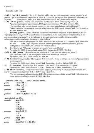 Capítulo 12

1 Corintios (raiz, 14x)

42-43. 1 Cor 5:1, 1 (porneia). “Es ya del dominio público que hay entre ustedes un caso de porneia* y tal
porneia* que ni siquiera entre los gentiles se tolera, al extremo de que alguno tiene (por mujer) a la esposa de
su padre”.        *inmoralidad, DHH, BA, NBJ; inmoralidad sexual, NVI; fornicación, RVR60.
44-46. 5:9-11 (pornos). “En mi carta anterior les escribí que no deben juntarse con pornois”.*
        *quienes se entregan a la prostitución, DHH, personas inmorales, NVI, BA; impuros, NBJ.
        “No me refería a los pornois de este mundo, o a los avaros y estafadores, o a los idólatras”.*
        *todos los que en este mundo se entregan a la prostitución, DHH; gente inmoral, NVI, BA; fornicarios,
        RVR60; impuros, NBJ.
47.     6:9 (-10) (pornos). “¿O no saben que los injustos/opresores no heredarán el reino de Dios? ¡No se
dejen engañar! Ni los pornoi,* ni los idólatras, ni los adúlteros, ni los malakoi (suaves/afeminados), ni los
arsenokoitai (varon/es-cama/s), ni los ladrones, ni los codiciosos/ avaros, ni los borrachos, ni los
calumniadores, ni los estafadores heredarán el reino de Dios”
        *los que se entregan a la prostitución, DHH; inmorales, BA; adúlteros, NVI; impuros, NBJ; fornicarios,
        RVR60.          Nota. Aquí los pornoi no es un término general para inmoralidad sexual, pues se
        distinguen de los adúlteros, los suaves y los varon/es-cama/s.
48.     6:13 (porneia). “El cuerpo no es para la porneia* sino para el Señor”
        *prostitución, DHH; la inmoralidad sexual, NVI; fornicación, RVR60, NBJ, BA.
49-50. 6:15-16 (porne). “¿Tomaré acaso los miembros de Cristo para unirlos con una porne*?
        ¿No saben que el que se une a una porne* se hace un solo cuerpo con ella?
        *prostituta, DHH, NVI, NBJ; ramera, RVR60, BA.
51-52. 6:18 (porneuo, porneia). “Huyan, pues, de la porneia*....el que se entrega a la porneia* peca contra su
        propio cuerpo”.
        *prostitución, DHH; inmoralidad sexual, NVI; fornicación....fornica, RVR60, NBJ, BA,
53.     7:2 (porneia). “Por el peligro de la porneia*, cada hombre debe tener su propia esposa”
        *prostitució n, DHH; inmoralidad/es, NVI/BA; fornicación, RVR60; incontinencia, NBJ.
54-55. 10:8ab (porneuo). “No porneuomen* como algunos porneusan y en un día cayeron veintitrés mil”
(ver los veinticuatro mil en Núm 21:5-6; BENVI nota 1 Cor 10:8).
        *No nos entregamos a la prostitución, DHH; No cometemos inmoralidad sexual, NVI; Ni forniquemos
        como algunos de ellos fornicaron, RVR60, NBJ, BA.

1 Corintios (raíz, 14x).     Ver 2 Cor 12:21 arriba.
porne         1 Cor 6:15-16
pornos        1 Cor 5:9-11
                      6:9
porneuo       1 Cor 6:18
                     10:8ab
porneia       1 Cor 5:1, 1; 6:13, 18; 7:2

Apocalipsis (raíz, 19x):
porneia       Apoc 2:21;
              9:21;
              14:8;
              17:2, 4;
              18:3; 19:2
porneuo       Apoc 2:14, 20
              17:2
              18:3, 9
pornos        Apoc 21:8
              22:15
porne         Apoc 17:1, 5, 15-16; 19:2
                                                                                                              96
 