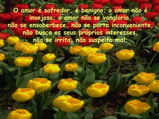 O amor é sofredor, é benigno; o amor não é invejoso; o amor não se vangloria, não se ensoberbece, não se porta inconveniente, não busca os seus próprios interesses, não se irrita, não suspeita mal; 