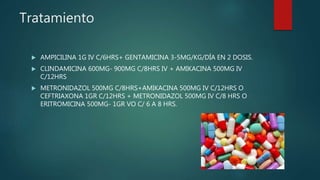 Tratamiento
 AMPICILINA 1G IV C/6HRS+ GENTAMICINA 3-5MG/KG/DÍA EN 2 DOSIS.
 CLINDAMICINA 600MG- 900MG C/8HRS IV + AMIKACINA 500MG IV
C/12HRS
 METRONIDAZOL 500MG C/8HRS+AMIKACINA 500MG IV C/12HRS O
CEFTRIAXONA 1GR C/12HRS + METRONIDAZOL 500MG IV C/8 HRS O
ERITROMICINA 500MG- 1GR VO C/ 6 A 8 HRS.
 