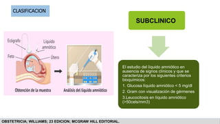 SUBCLINICO
El estudio del líquido amniótico en
ausencia de signos clínicos y que se
caracteriza por los siguientes criterios
bioquímicos:
1. Glucosa líquido amniótico < 5 mg/dl
2. Gram con visualización de gérmenes
3.Leucocitosis en líquido amniótico
(>50cels/mm3)
CLASIFICACION
OBSTETRICIA; WILLIAMS; 23 EDICION; MCGRAW HILL EDITORIAL.
 