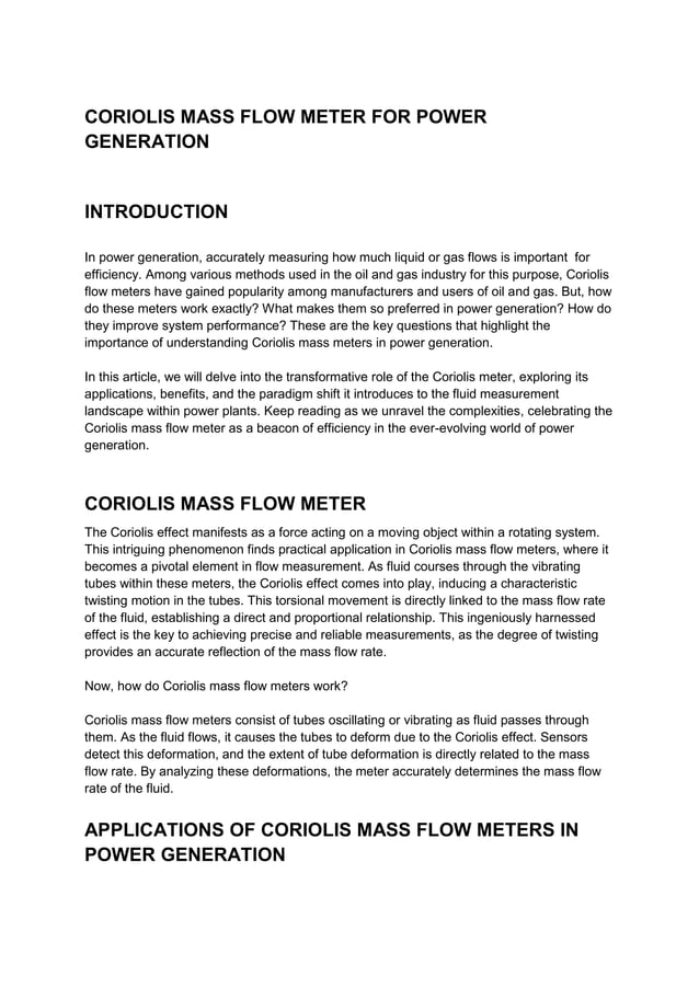 coriolis mass flow meter for Power Generation | PDF