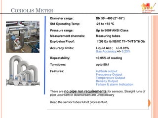CORIOLIS METER
Diameter range: DN 50 - 400 (2”-16”)
Std Operating Temp: -25 to +55 ºC
Pressure range: Up to 900# ANSI Class
Measurement channels: Measuring tubes
Explosion Proof: II 2G Ex ib IIB/IIC T1–T4/T5/T6 Gb
Accuracy limits: Liquid Acc.; +/- 0.05%
Gas Accuracy:+/- 0.25%
Repeatability: <0.05% of reading
Turndown: upto 80:1
Features: 4-20mA output
Frequency Output
Temperature Output
Density Output
Failure & alarm Indication
There are no pipe run requirements for sensors. Straight runs of
pipe upstream or downstream are unnecessary
Keep the sensor tubes full of process fluid.
 