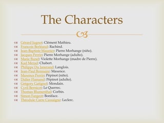 The Characters

                     
    Gérard Jugnot: Clément Mathieu.
   Francois Berléand: Rachind.
   Jean-Baptiste Maunier: Pierre Morhange (niño).
   Jacques Perrin: Pierre Morhange (adulto).
   Marie Bunel: Violette Morhange (madre de Pierre).
   Kad Merad: Chabert.
   Philippe Du Janerand: Langlois.
   Jean-Paul Bonnaire: Maxence.
   Maxence Perrin: Pépinot (niño).
   Didier Flamand: Pépinot (adulto).
   Grégory Gatignol: Mondain.
   Cyril Bernicot: Le Querrec.
   Thomas Blumenthal: Corbin.
   Simon Fargeot: Boniface.
   Théodule Carre Cassaigne: Leclerc.
 