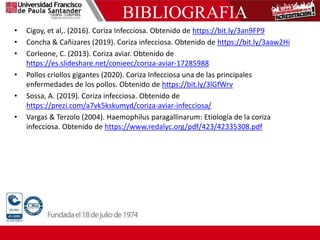 BIBLIOGRAFIA
• Cigoy, et al,. (2016). Coriza Infecciosa. Obtenido de https://bit.ly/3an9FP9
• Concha & Cañizares (2019). Coriza infecciosa. Obtenido de https://bit.ly/3aaw2Hi
• Corleone, C. (2013). Coriza aviar. Obtenido de
https://es.slideshare.net/conieec/coriza-aviar-17285988
• Pollos criollos gigantes (2020). Coriza Infecciosa una de las principales
enfermedades de los pollos. Obtenido de https://bit.ly/3lGfWrv
• Sossa, A. (2019). Coriza infecciosa. Obtenido de
https://prezi.com/a7vk5kskumyd/coriza-aviar-infecciosa/
• Vargas & Terzolo (2004). Haemophilus paragallinarum: Etiología de la coriza
infecciosa. Obtenido de https://www.redalyc.org/pdf/423/42335308.pdf
 