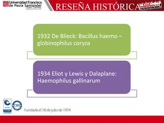 RESEÑA HISTÓRICA
1932 De Blieck: Bacillus haemo –
globinophilus coryza
1934 Eliot y Lewis y Dalaplane:
Haemophilus gallinarum
 