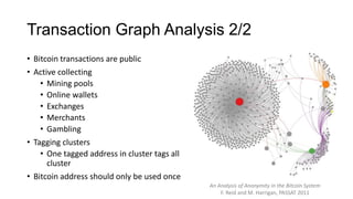 Transaction Graph Analysis 2/2
• Bitcoin transactions are public
• Active collecting
• Mining pools
• Online wallets
• Exchanges
• Merchants
• Gambling
• Tagging clusters
• One tagged address in cluster tags all
cluster
• Bitcoin address should only be used once
An Analysis of Anonymity in the Bitcoin System
F. Reid and M. Harrigan, PASSAT 2011
 