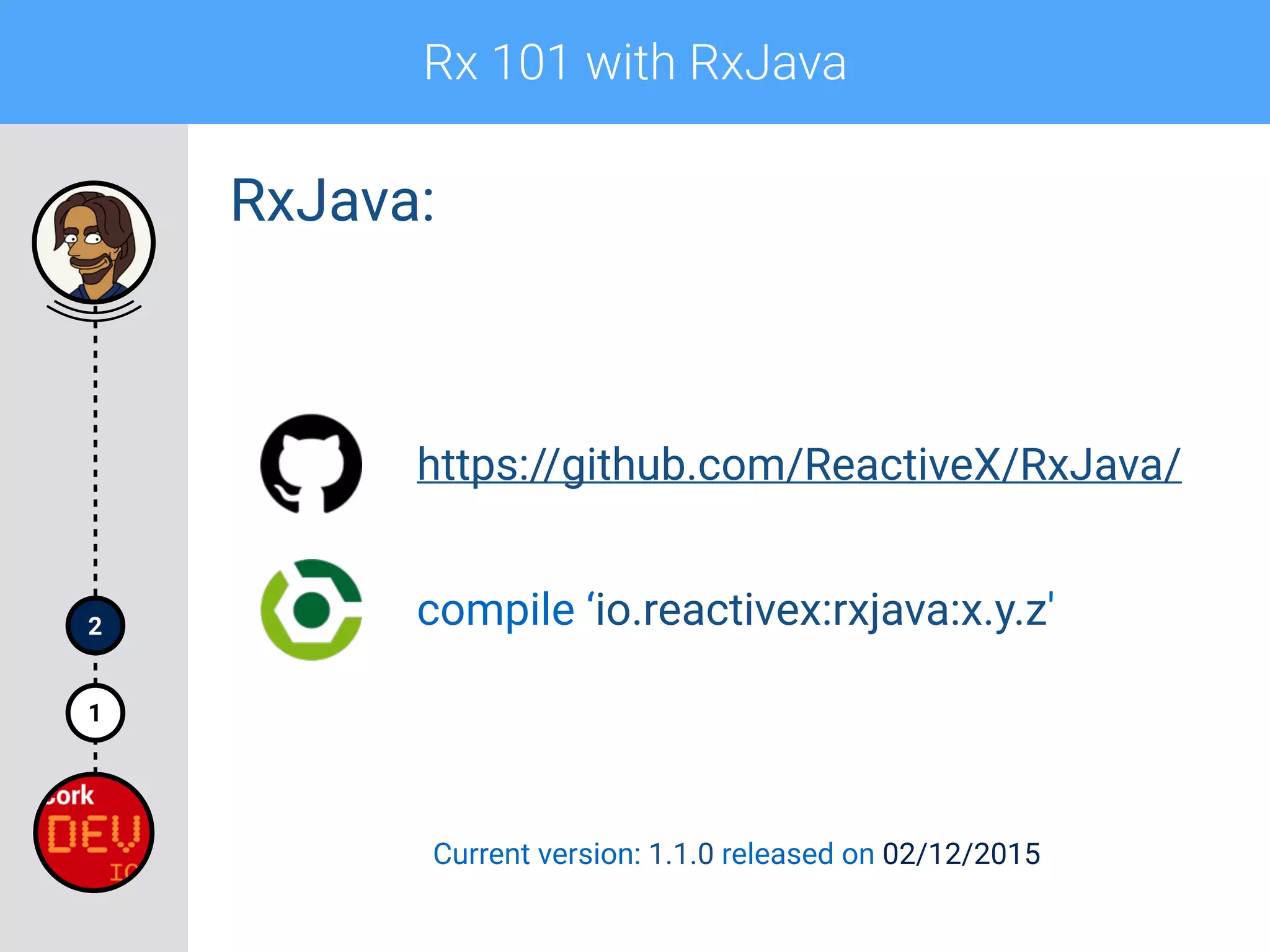 Rx 101 with RxJava
1
2
RxJava:
compile ‘io.reactivex:rxjava:x.y.z'
https://github.com/ReactiveX/RxJava/
Current version: 1.1.0 released on 02/12/2015
 