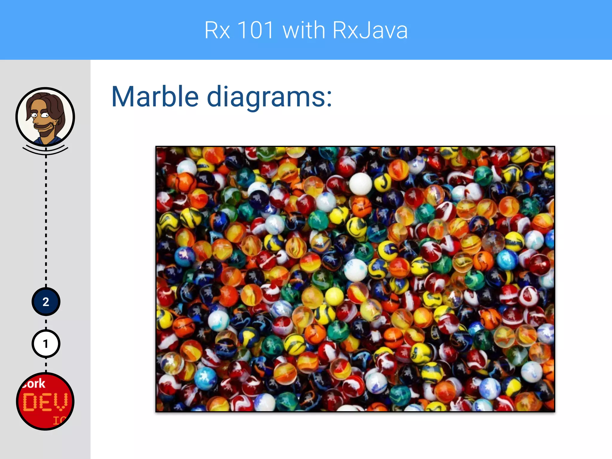 Rx 101 with RxJava
1
2
Marble diagrams:
 