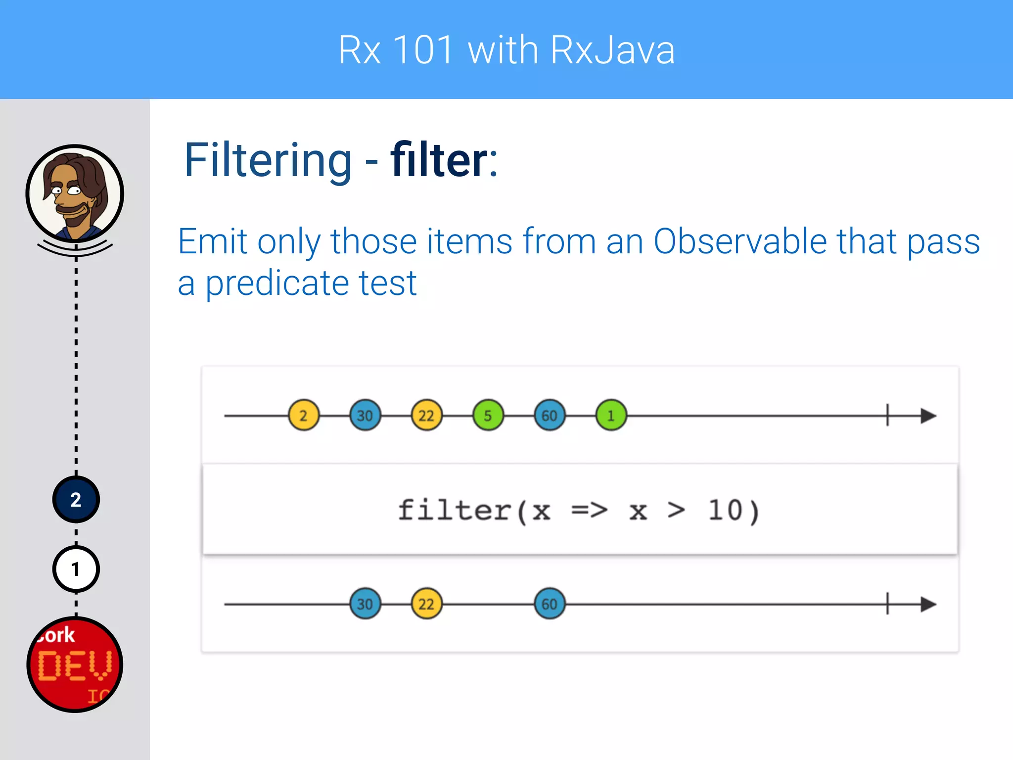 Rx 101 with RxJava
1
2
Filtering - ﬁlter:
Emit only those items from an Observable that pass
a predicate test
 