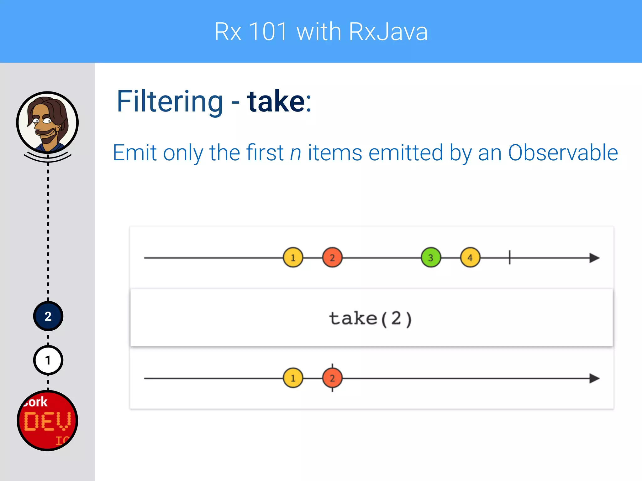 Rx 101 with RxJava
1
2
Filtering - take:
Emit only the ﬁrst n items emitted by an Observable
 