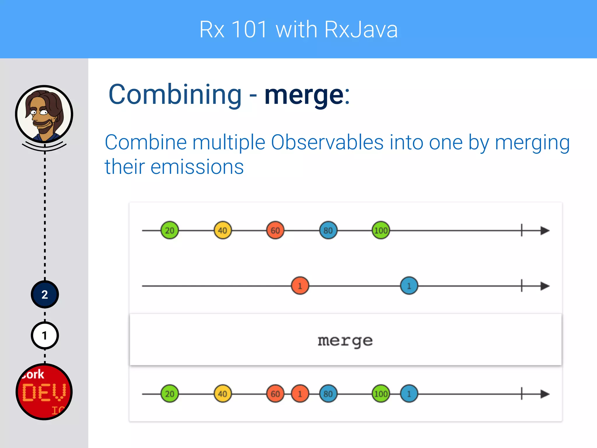 Rx 101 with RxJava
1
2
Combining - merge:
Combine multiple Observables into one by merging
their emissions
 