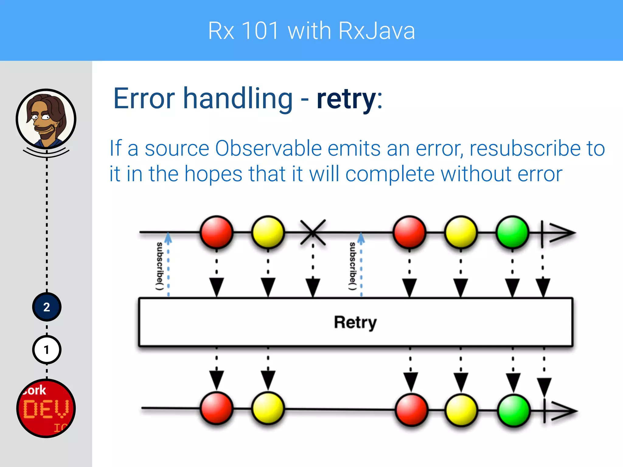 Rx 101 with RxJava
1
2
Error handling - retry:
If a source Observable emits an error, resubscribe to
it in the hopes that it will complete without error
 