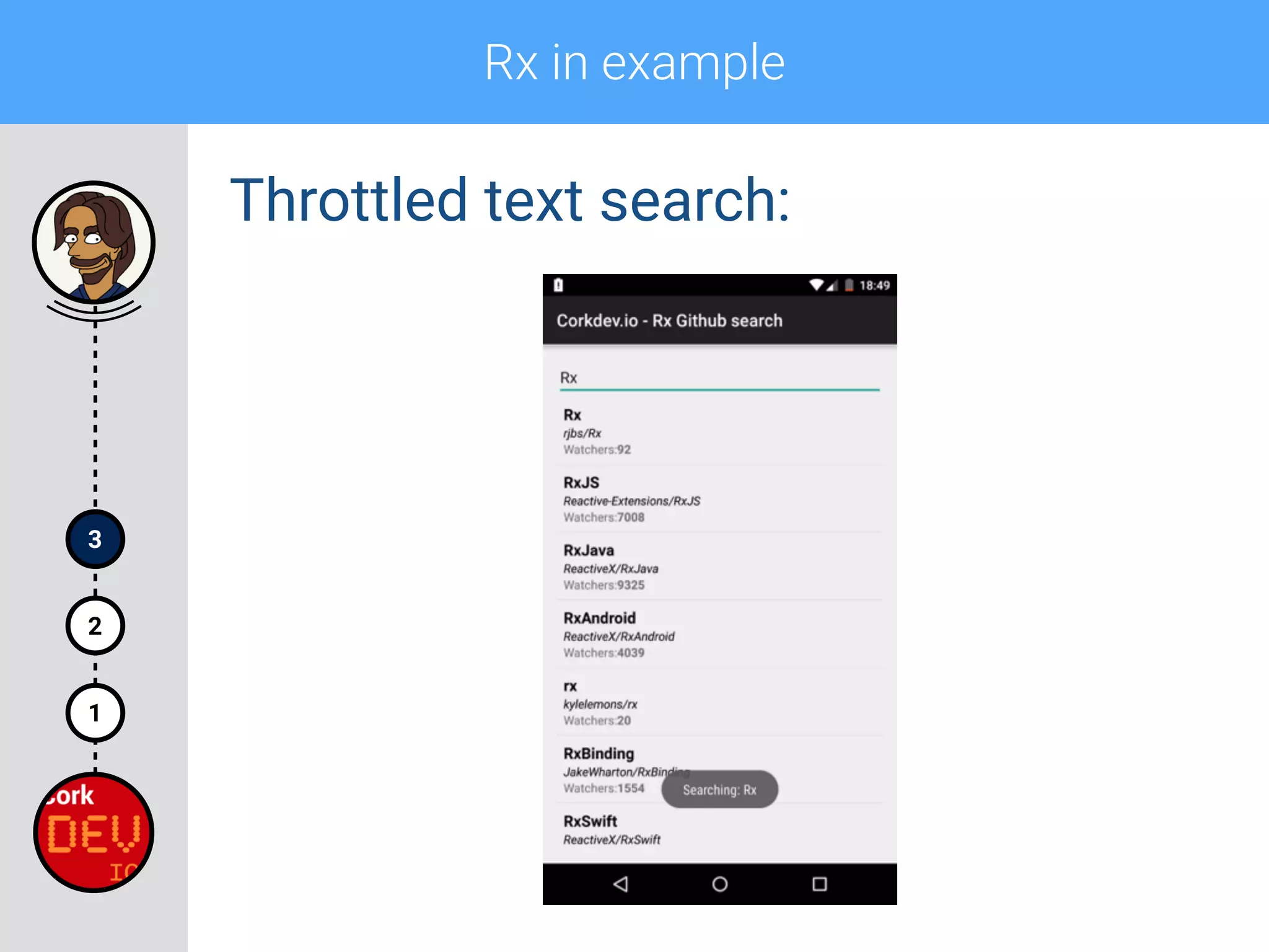 Rx in example
1
2
3
Throttled text search:
 
