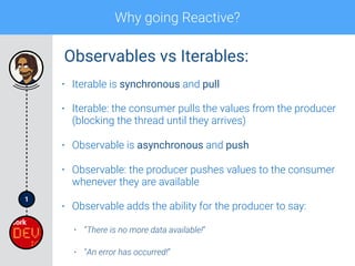 1
Why going Reactive?
• Iterable is synchronous and pull
• Iterable: the consumer pulls the values from the producer
(blocking the thread until they arrives)
• Observable is asynchronous and push
• Observable: the producer pushes values to the consumer
whenever they are available
• Observable adds the ability for the producer to say:
• “There is no more data available!”
• “An error has occurred!”
Observables vs Iterables:
 