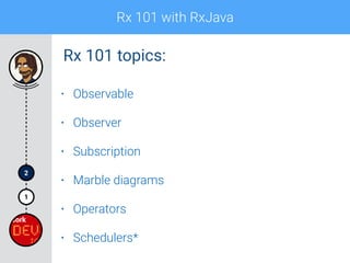 Rx 101 with RxJava
1
2
• Observable
• Observer
• Subscription
• Marble diagrams
• Operators
• Schedulers*
Rx 101 topics:
 