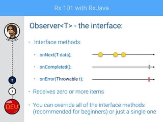 Rx 101 with RxJava
1
2
• Interface methods:
• onNext(T data);
• onCompleted();
• onError(Throwable t);
• Receives zero or more items
• You can override all of the interface methods
(recommended for beginners) or just a single one
Observer<T> - the interface:
 