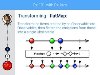 Rx 101 with RxJava
1
2
Transforming - flatMap:
Transform the items emitted by an Observable into
Observables, then flatten the emissions from those
into a single Observable
 