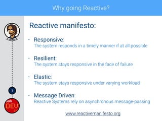 1
Why going Reactive?
• Responsive: 
The system responds in a timely manner if at all possible
• Resilient: 
The system stays responsive in the face of failure
• Elastic: 
The system stays responsive under varying workload
• Message Driven: 
Reactive Systems rely on asynchronous message-passing
www.reactivemanifesto.org
Reactive manifesto:
 