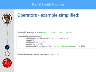 Rx 101 with RxJava
1
2
Operators - example simpliﬁed:
String[] strings = {"Andrzej", "Sitek", "Rx", "101"};
 
Observable.from(strings) 
.flatMap(s -> Observable.just(s.length())) 
.take(3) 
.filter(i -> i > 5) 
.map(i -> i * 10) 
.subscribe(i -> Log.i(TAG, "After few operations: " + i));
I/MainActivity: After few operations: 70
 