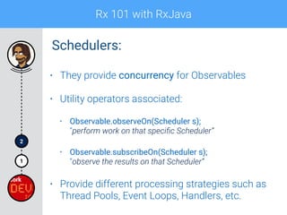 Rx 101 with RxJava
1
2
Schedulers:
• They provide concurrency for Observables
• Utility operators associated:
• Observable.observeOn(Scheduler s); 
“perform work on that speciﬁc Scheduler”
• Observable.subscribeOn(Scheduler s); 
“observe the results on that Scheduler”
• Provide different processing strategies such as
Thread Pools, Event Loops, Handlers, etc.
 