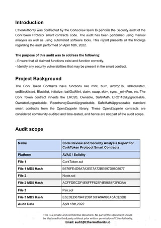 Cork Token – Smart Contract Security Audit Report by EtherAuthority | PDF