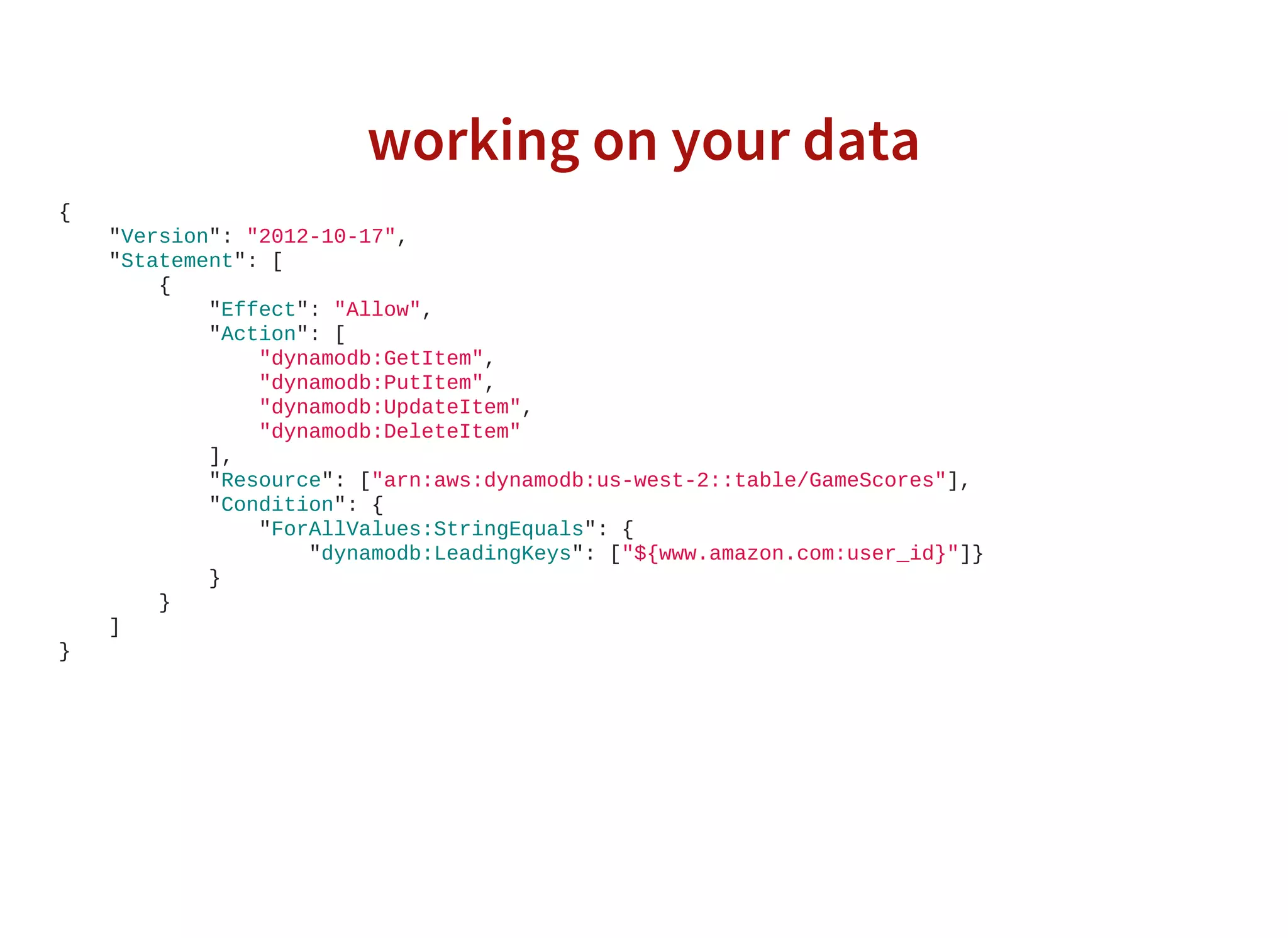 working on your data
{
    "Version": "2012­10­17",
    "Statement": [
        {
            "Effect": "Allow",
            "Action": [
                "dynamodb:GetItem",
                "dynamodb:PutItem",
                "dynamodb:UpdateItem",
                "dynamodb:DeleteItem"
            ],
            "Resource": ["arn:aws:dynamodb:us­west­2::table/GameScores"],
            "Condition": {
                "ForAllValues:StringEquals": {
                    "dynamodb:LeadingKeys": ["${www.amazon.com:user_id}"]}
            }
        }
    ]
}
 