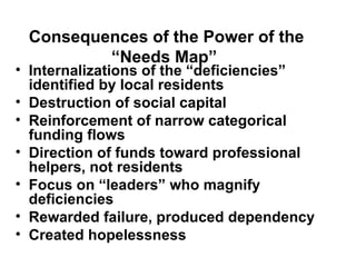 Consequences of the Power of the “Needs Map”   Internalizations of the “deficiencies” identified by local residents Destruction of social capital Reinforcement of narrow categorical funding flows Direction of funds toward professional helpers, not residents Focus on “leaders” who magnify deficiencies Rewarded failure, produced dependency Created hopelessness 